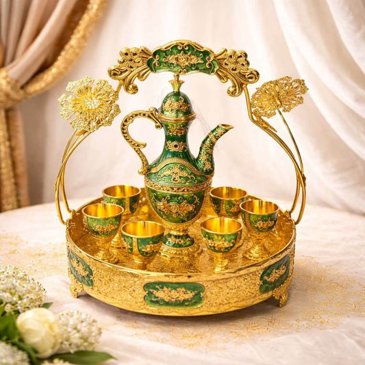 Small Vintage Turkish Coffee Pot Set, Turkish Tea Set with 6 Coffee Cups, Turkish Copper Coffee Cup Set for Home Bar Tea Party Craft Ornaments