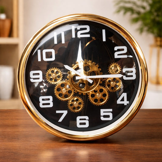 Gold & Black Home Decorative Wall Clock Featuring Moving Gears.