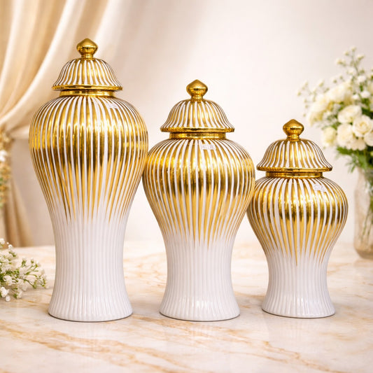 Home Decor Vases With White & Gold Ceramic Ginger Jar With Vertical Stripes.