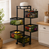 Rotating Kitchen Storage Shelf 5 Tier, Metal Fruit Vegetable Storage Basket Multi-Layer Vegetable Rack Storage Trolley on Wheels, Floor-Standing Basket for Kitchen Bathroom, Square