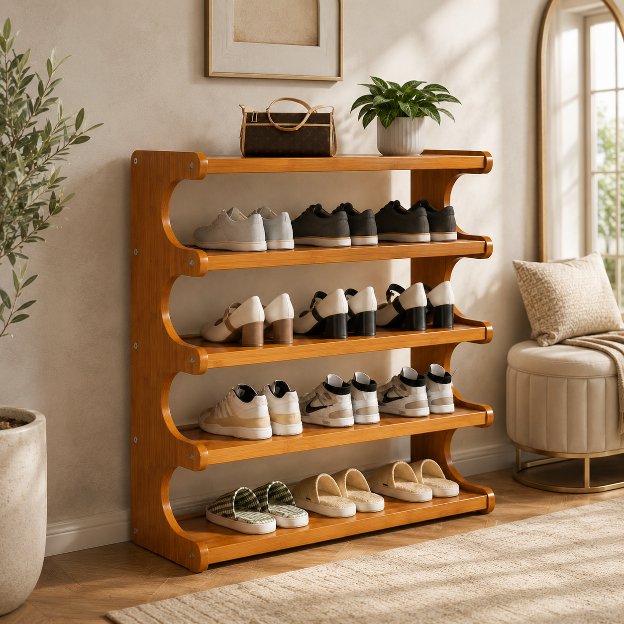 5/6-layer practical storage rack, shoe rack, space-saving design, multi-layer independent storage rack, wood grain finish, easy to assemble, self-supporting cubic shoe storage rack, storage rack, suit