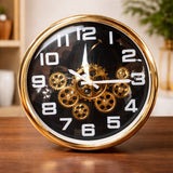 Gold & Black Home Decorative Wall Clock Featuring Moving Gears.