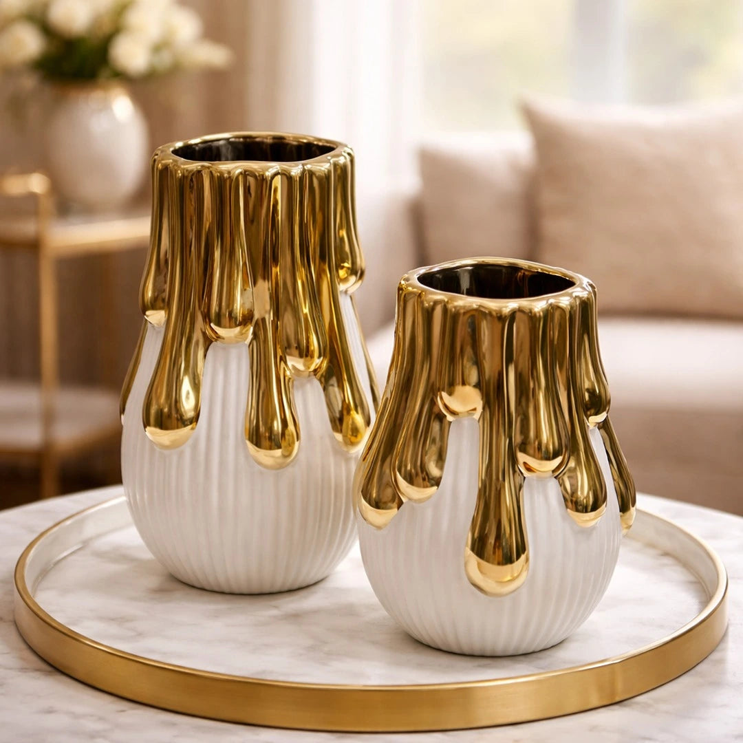 Luxe Gold Drip Ceramic Vase Set